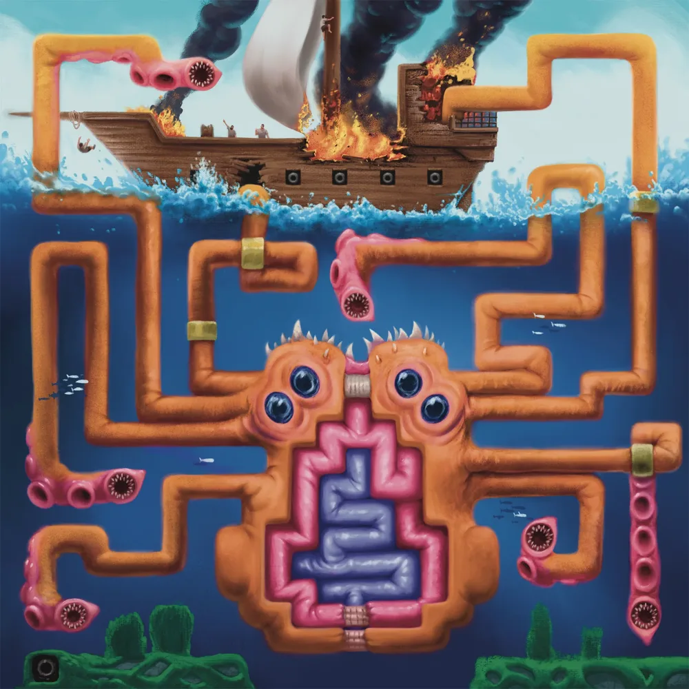 La carte Kraken&nbsp;: un navire en flammes au-dessus d'un kraken géant