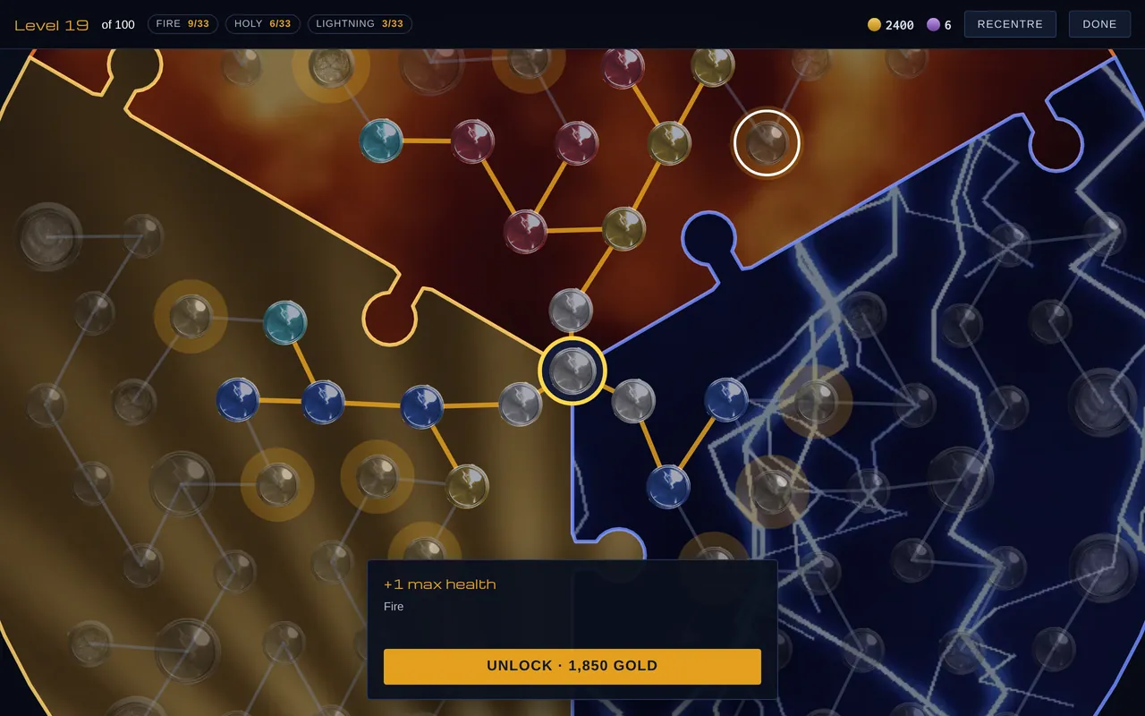 The skill tree: tapping a node shows what it gives and its price, here +1 max health for 1,850 gold