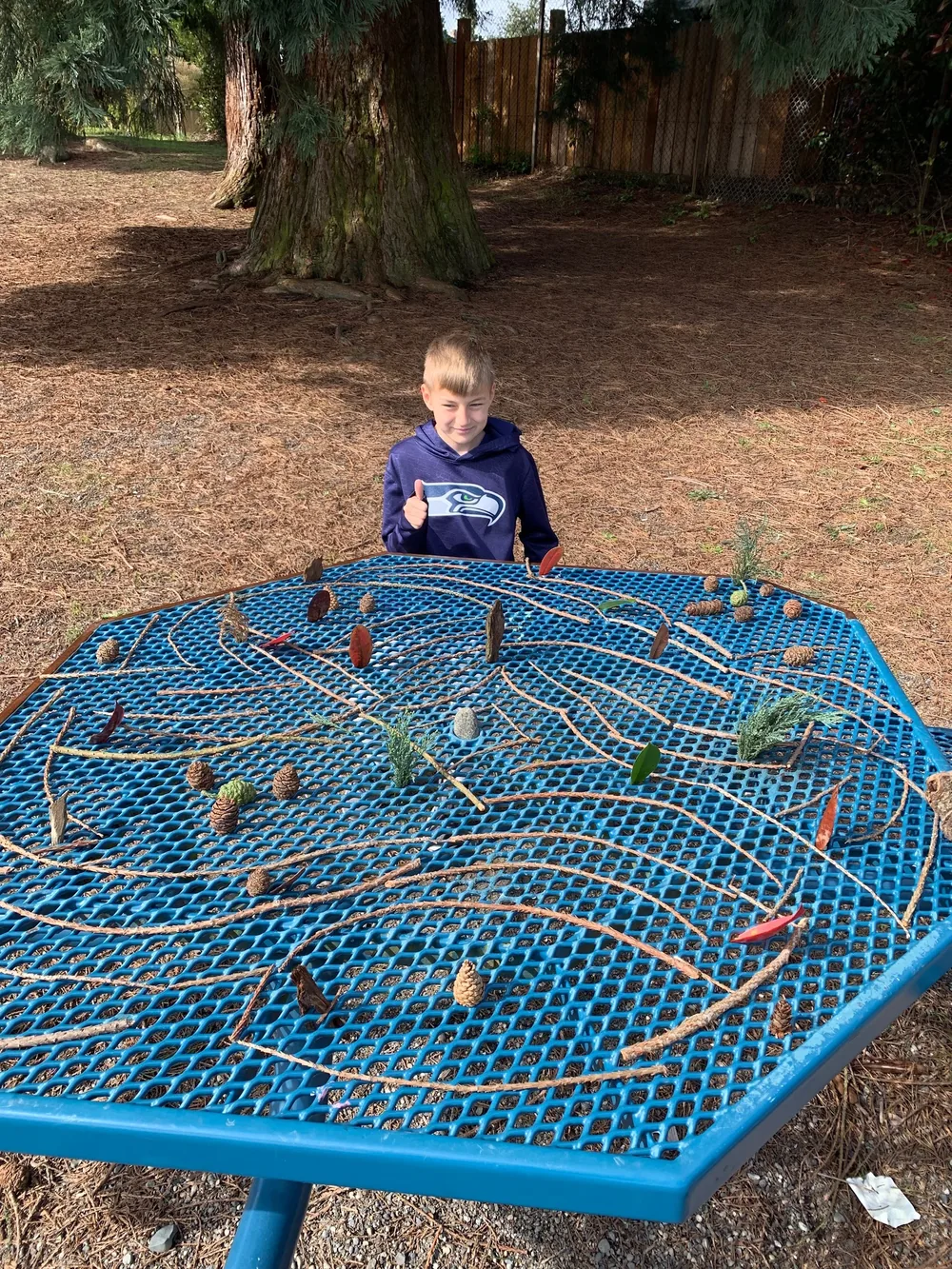 The first UFB board: a park picnic table with a maze drawn on it and stones for pieces